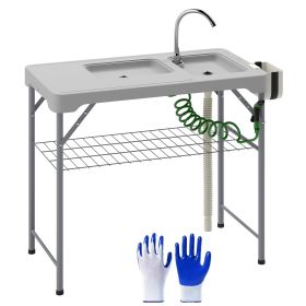 Outsunny Folding Fish Cleaning Table with Sinks, Portable Camping Sink Table with Faucet, Drainage Hose, Sprayer, Shelf, Drawer and Storage Baske